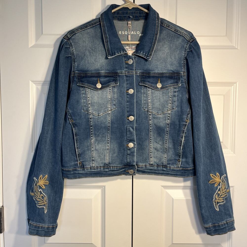 NEW Esqualo Womens Button Front Embroidered Jean Denim Jacket Size 14 Granny